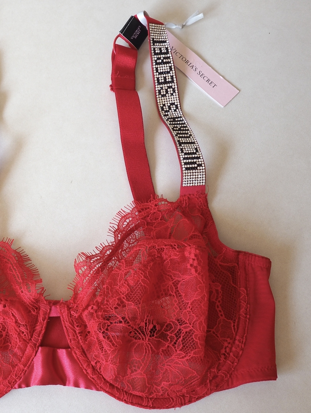 NEW Victoria's Secret Shine Strap Bra 34DD Unlined Demi Cup Red Lace Rhinestone